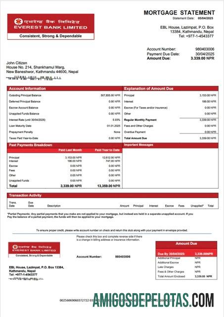 para download Modelo Word e PDF de extrato de hipoteca do Nepal Everest Bank